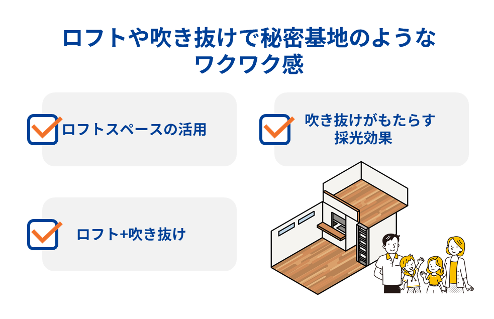 ロフトや吹き抜けで秘密基地のようなワクワク感