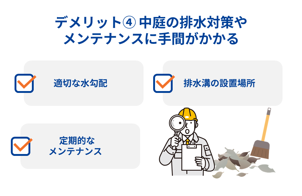 デメリット④ 中庭の排水対策やメンテナンスに手間がかかる