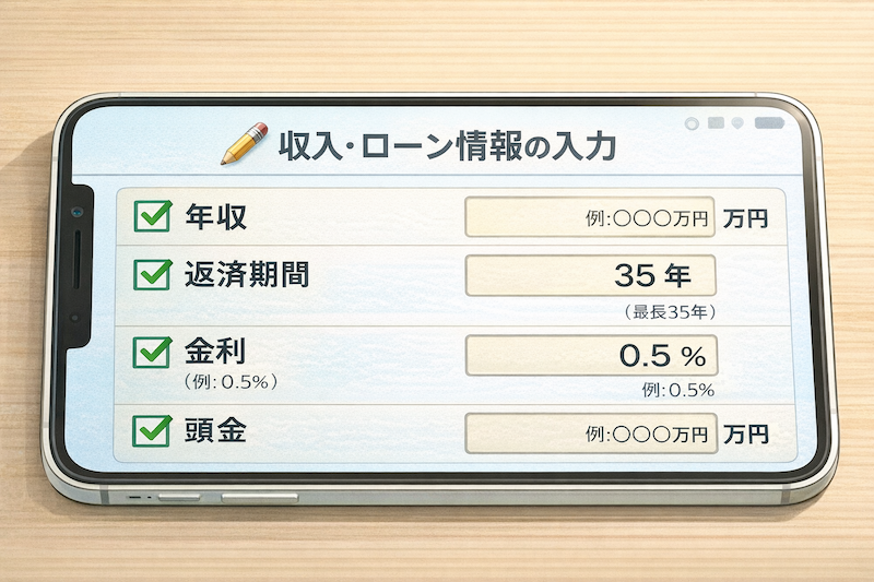 住宅ローンシミュレーションツールに年収や金利などの基本条件を入力する
