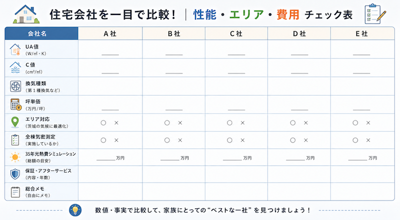 住宅会社を一目で比較するための「性能・エリア・費用」チェック表