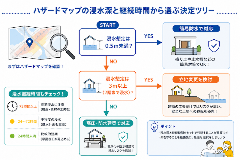ハザードマップの浸水深と継続時間から選ぶ決定ツリー