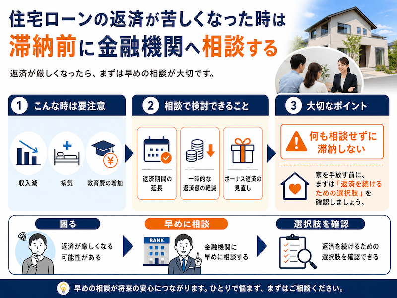住宅ローンの返済が苦しくなった時は滞納前に金融機関へ相談する