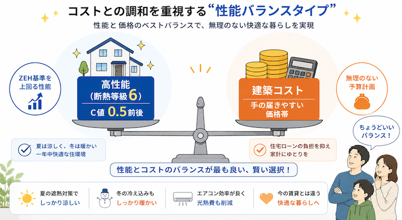 コストとの調和を重視する性能バランスタイプ（断熱等級6・C値0.5前後）