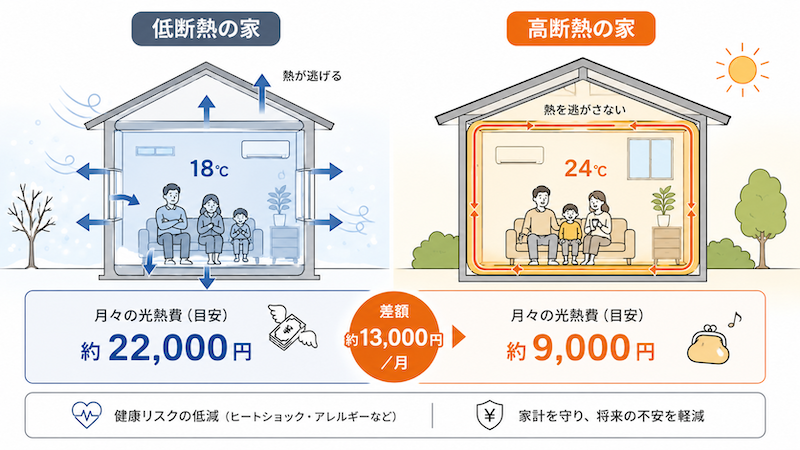 住宅性能（断熱・気密）がもたらす光熱費の差や健康への影響を軽視している