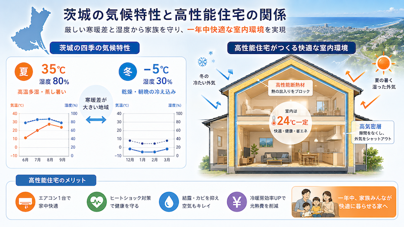 茨城の気候特性（高温多湿・乾燥・冬の冷え込み）と高性能住宅の関係