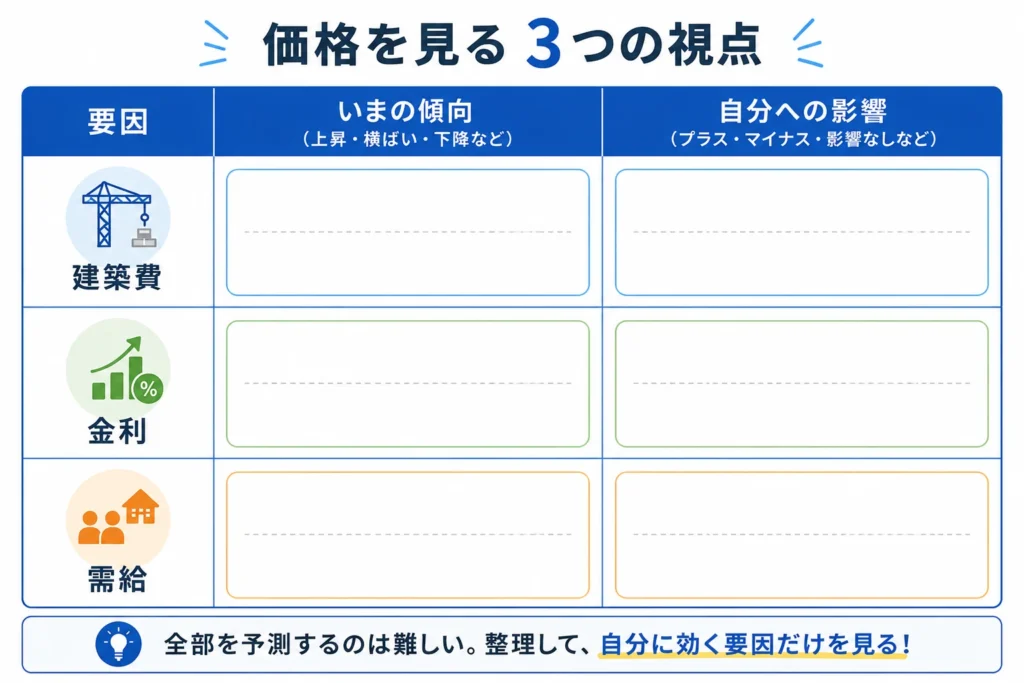 価格を動かす要因を建築費・金利・需給で整理する