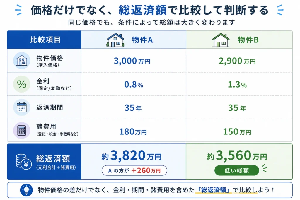 価格だけでなく総返済額で比較して判断する