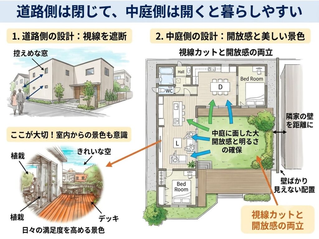 道路側は閉じて、中庭側は開く