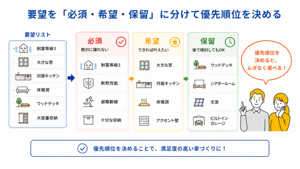 要望を必須と希望と保留に分けて優先順位を決める