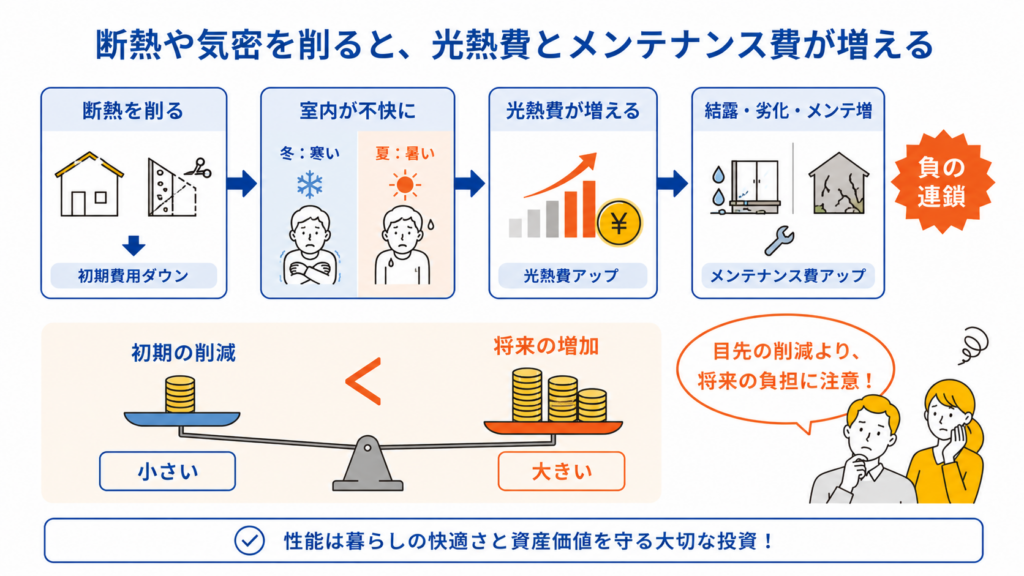 断熱や気密を削ると光熱費とメンテナンス費が増える