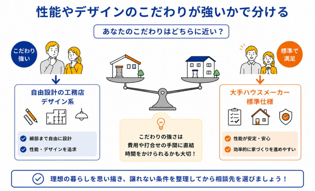 性能やデザインのこだわりが強いかで分ける