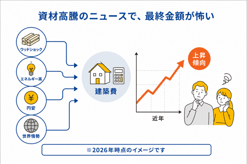 資材高騰のニュースで最終金額が怖い