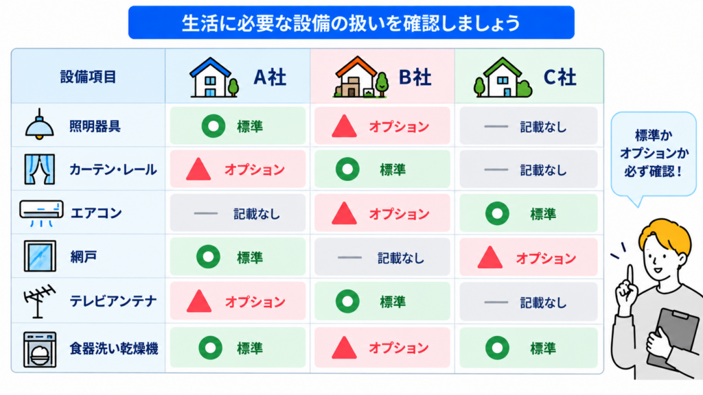 軸4 照明とカーテンが標準かオプションかの区別が書かれているか