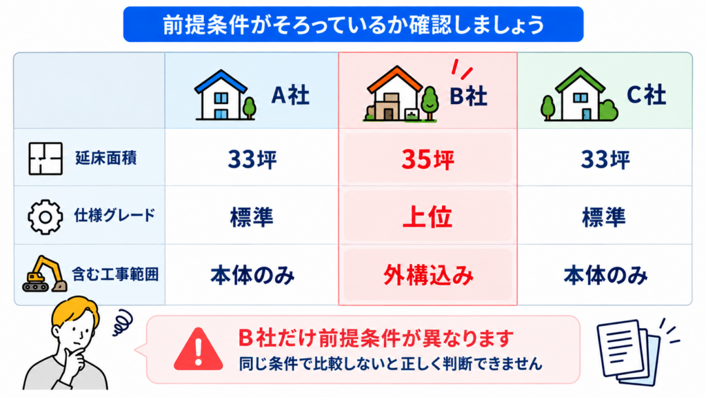 軸1 条件がそろっているか 延床面積と仕様と含む工事範囲