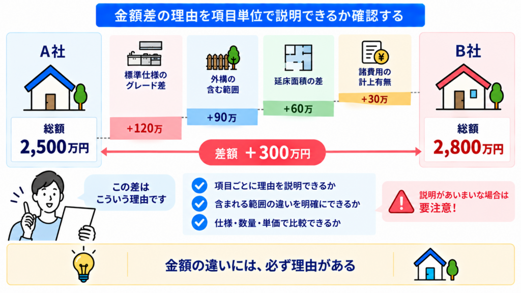 金額差の理由を項目単位で説明できるか確かめる