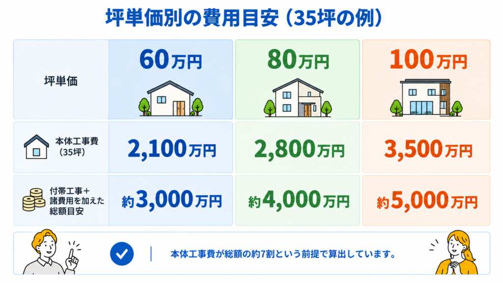 価格帯別に見た坪単価と延床35坪の総額目安の早見表