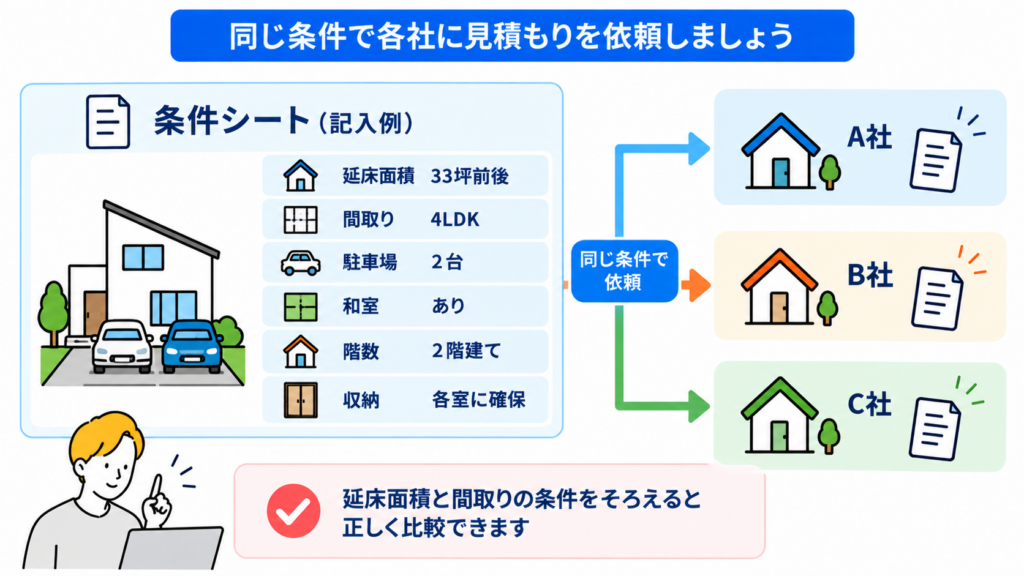 延床面積と希望する間取りの条件を各社にそろえて伝える