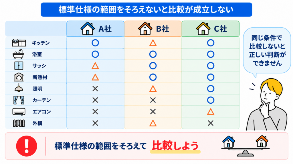 標準仕様の範囲をそろえないと比較が成立しない理由