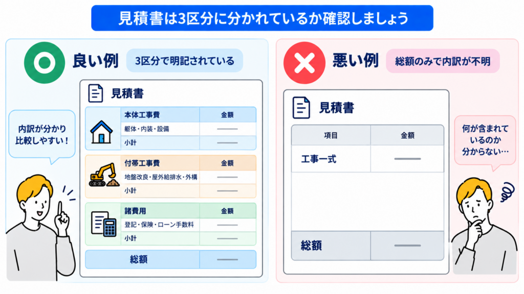 軸2 本体工事費と付帯工事費と諸費用の3区分が分かれているか