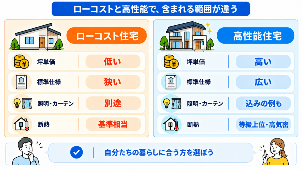 ローコスト住宅と高性能住宅で含まれる範囲が違うケース