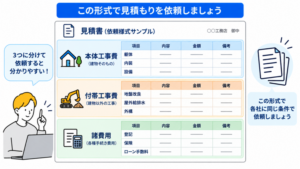 本体工事費と付帯工事費と諸費用を分けた様式で依頼する