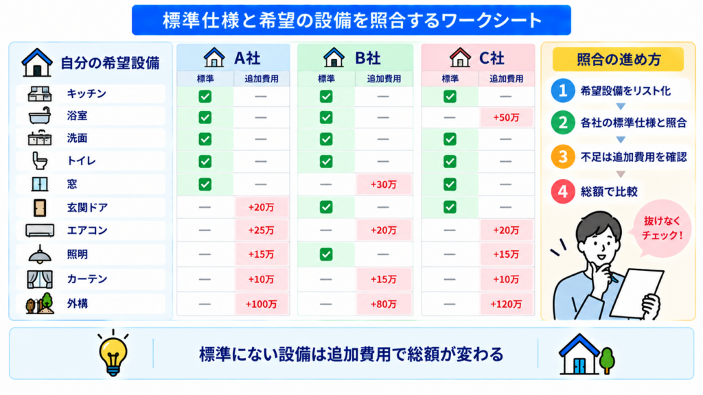 標準仕様一覧をもらって希望の設備と照合する方法