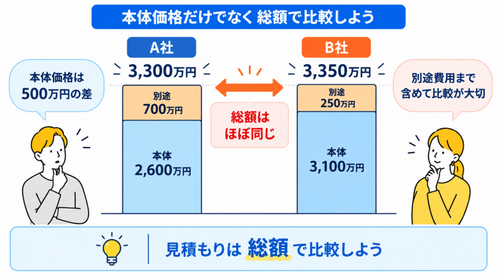 本体価格ではなく住むまでに必要な総額で比べるという共通の結論
