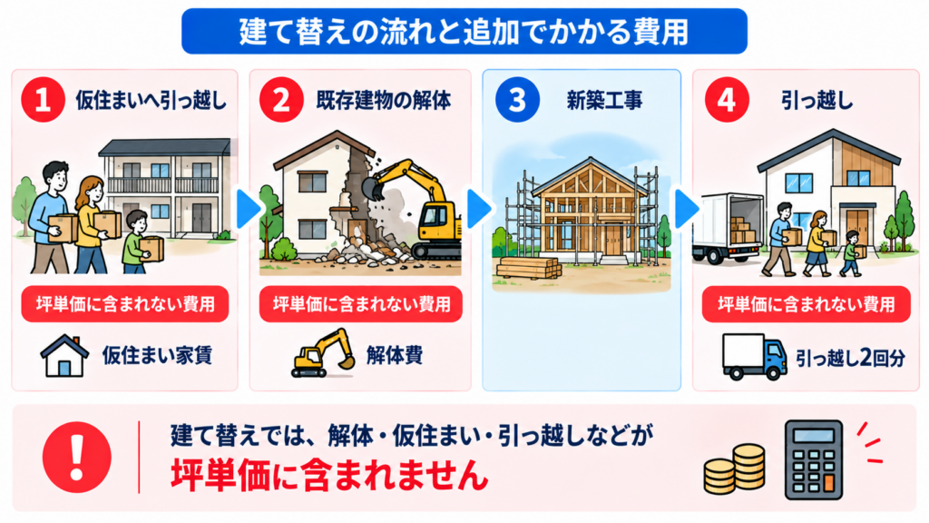 建て替えの場合に坪単価に含まれない解体と仮住まいの費用