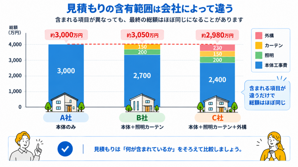 標準仕様の範囲が会社ごとに違うため単純比較できない理由