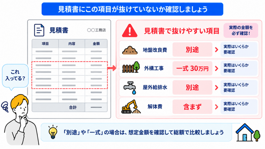 軸3 地盤改良費や外構工事が別途や一式で抜けていないか
