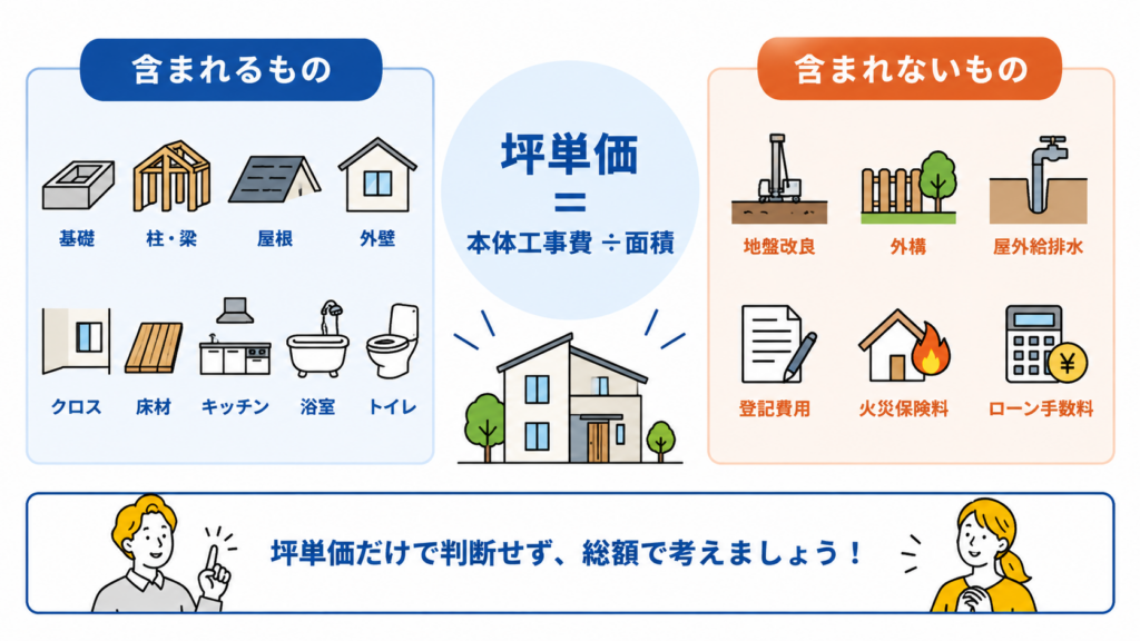 坪単価に含まれるのは原則として建物本体の工事費だけという結論