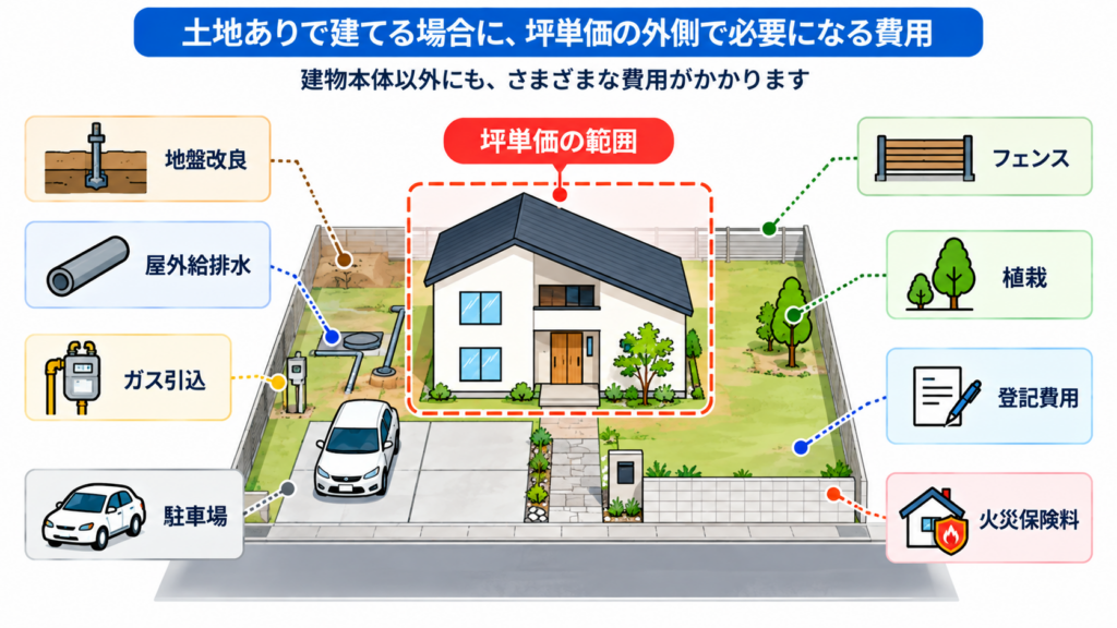 土地ありで建てる場合に坪単価の外側で必要になる費用