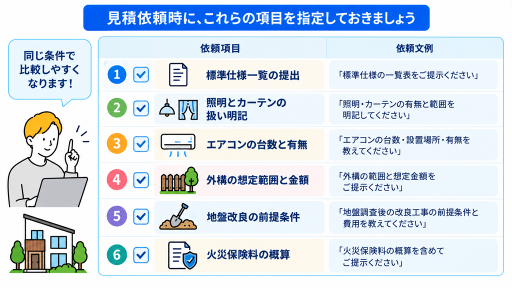 比較したい項目と標準仕様一覧をあらかじめ指定しておく