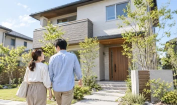 植栽のある二階建て住宅の玄関へ歩いて近づく夫婦。庭とアプローチを備えた住まいの外観。