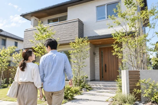 植栽のある二階建て住宅の玄関へ歩いて近づく夫婦。庭とアプローチを備えた住まいの外観。