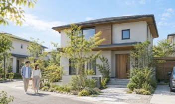 植栽のある二階建て住宅の前を歩く夫婦。庭と駐車スペースを備えた住まいの外観。