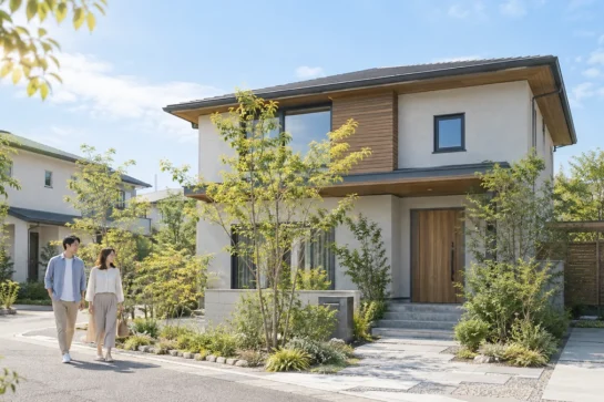 植栽のある二階建て住宅の前を歩く夫婦。庭と駐車スペースを備えた住まいの外観。