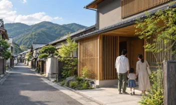 桐生の街並みをイメージした木の格子がある住宅と親子。通りの奥には瓦屋根の家並みと緑の山が見える。