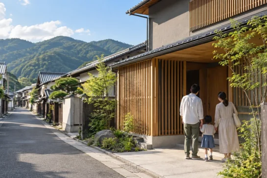 桐生の街並みをイメージした木の格子がある住宅と親子。通りの奥には瓦屋根の家並みと緑の山が見える。