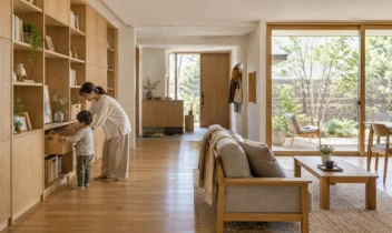 壁面収納のある平屋のリビングで、親子がおもちゃをかごに片付けている。