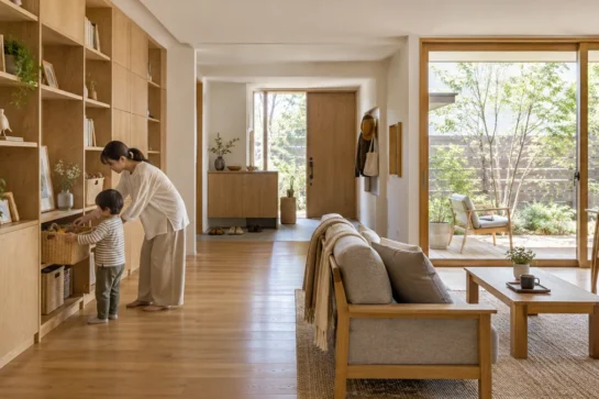 壁面収納のある平屋のリビングで、親子がおもちゃをかごに片付けている。
