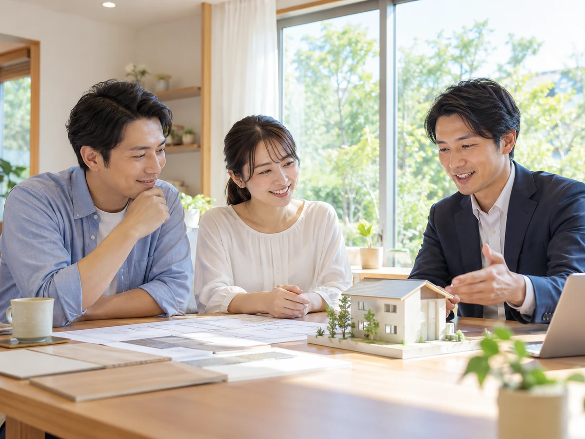 住宅模型と図面を囲み、住まいの条件について相談員と話し合う夫婦。