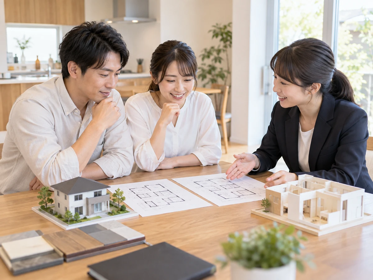 二つの住宅模型と図面を並べ、住宅相談員と家選びの条件を比較する夫婦。