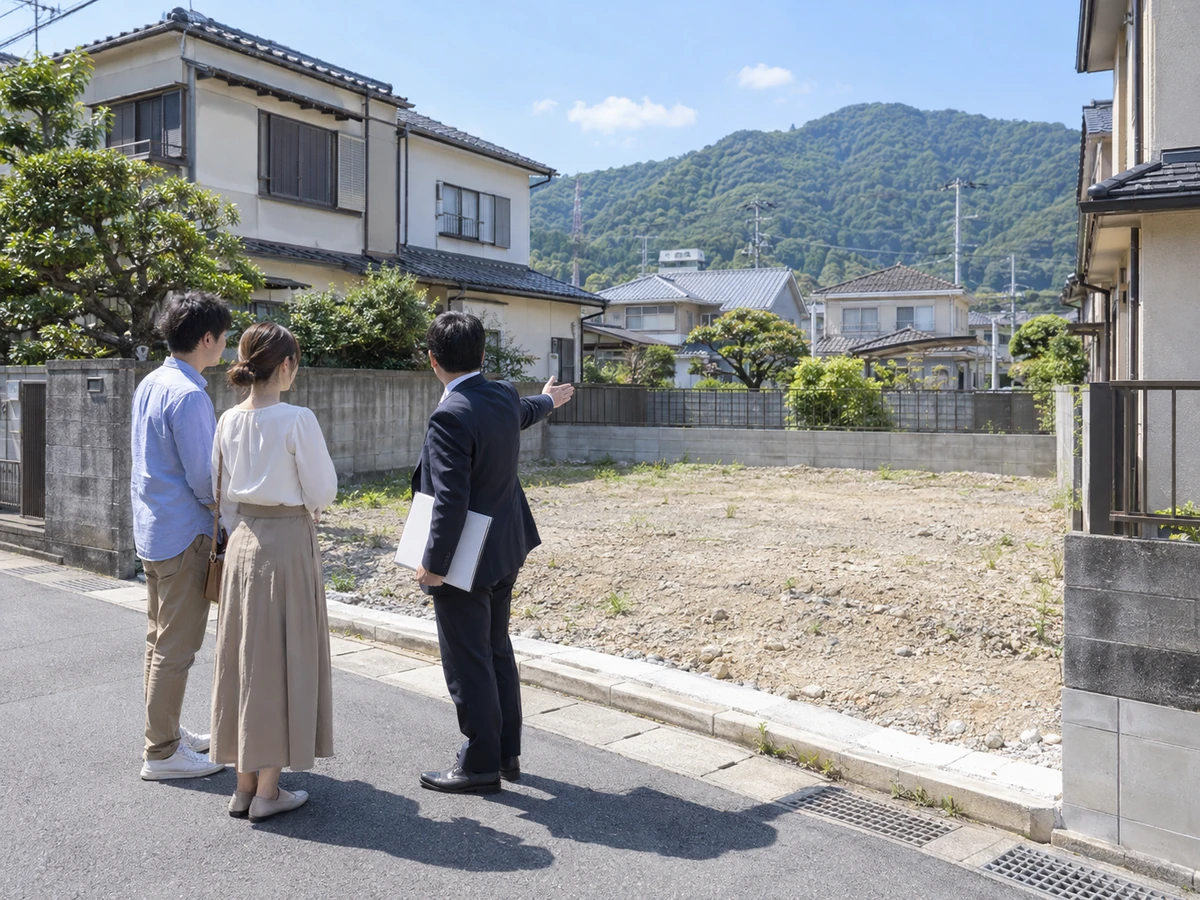 旧市街をイメージした住宅地の空き地で、夫婦と設計担当者が道路や敷地の条件を確認している。
