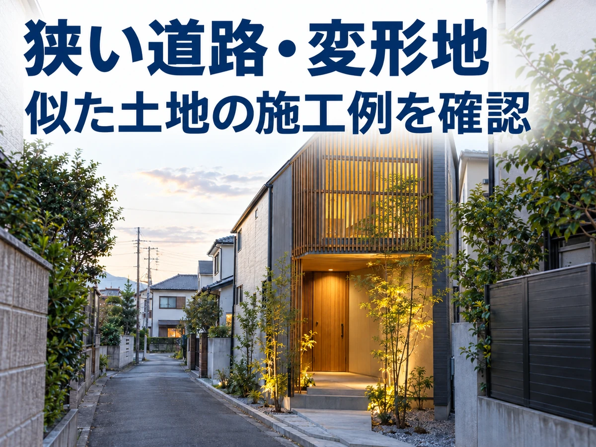 狭い道路沿いの格子付き住宅。似た土地の施工例を確認するよう案内している。