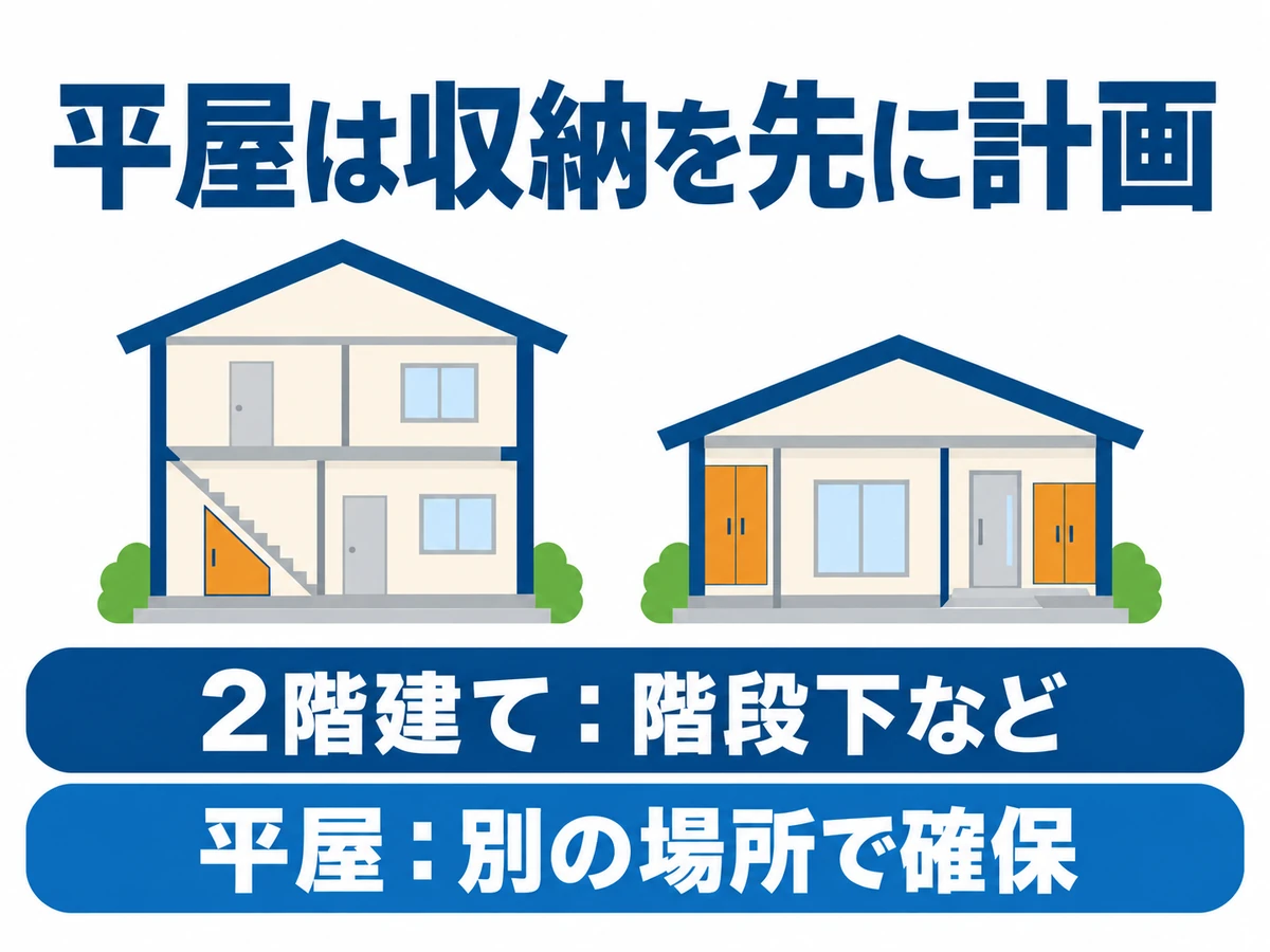 2階建ての階段下収納と、別の場所に収納を確保した平屋の断面図。平屋は収納を先に計画する。