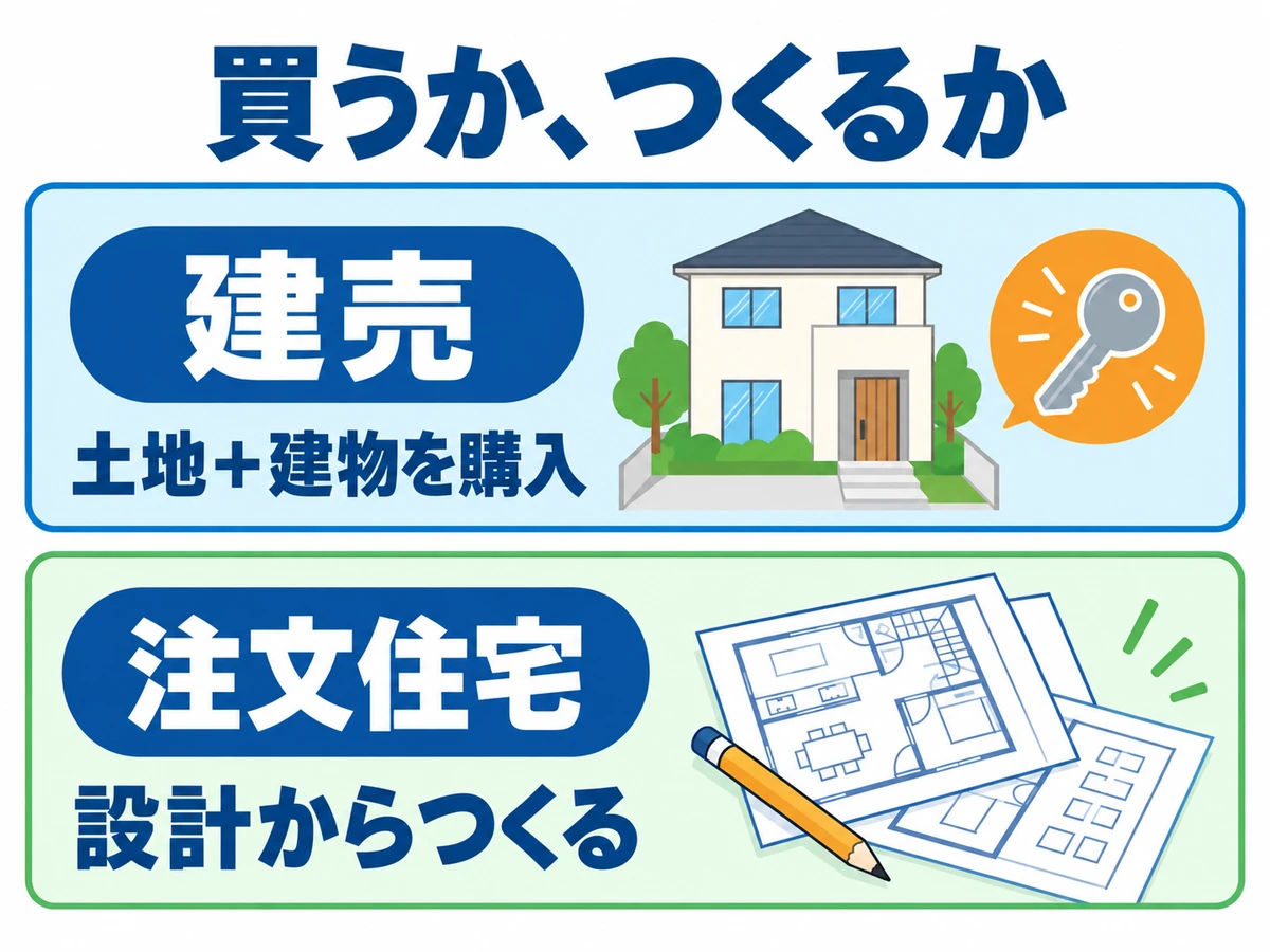 建売は土地と建物をセットで購入し、注文住宅は設計からつくるという買い方と進め方の違い。