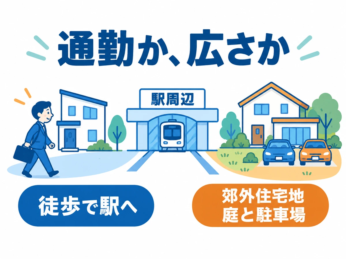 駅周辺は徒歩で駅へ、郊外住宅地は庭と駐車場を重視する選び方の比較。通勤か広さかでエリアを考える。