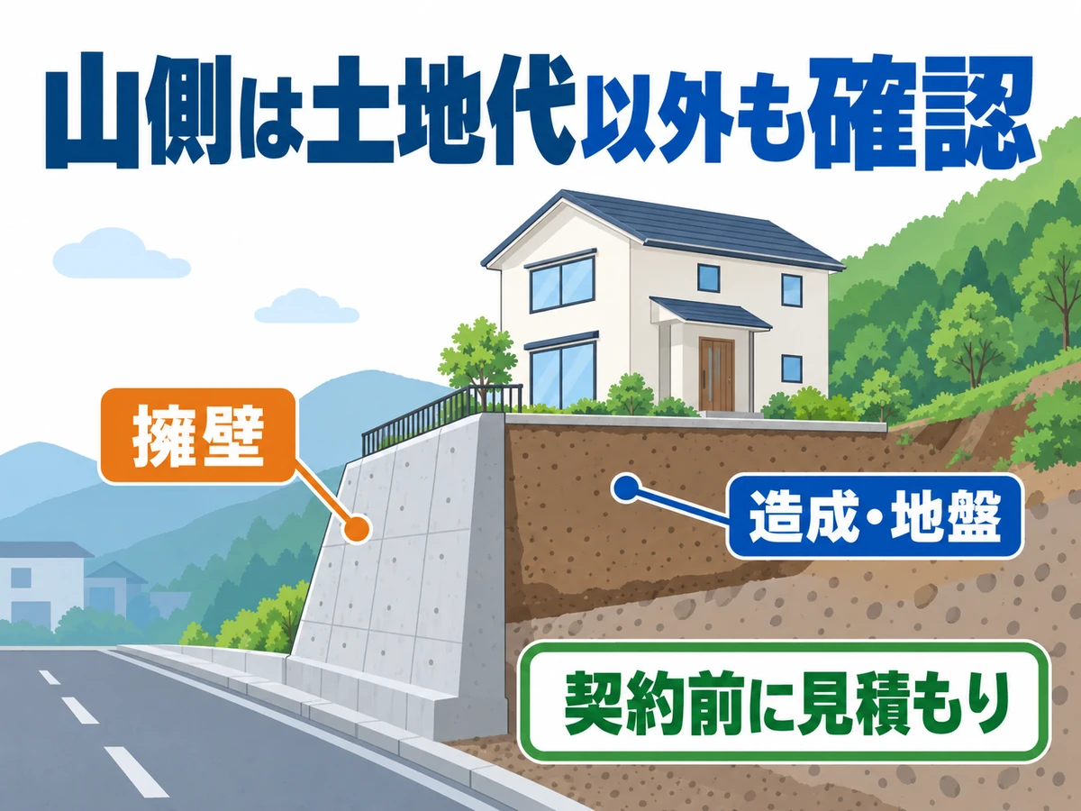 道路より高い敷地の住宅と擁壁を示す断面イラスト。擁壁、造成・地盤の追加費用を契約前に見積もる要点。