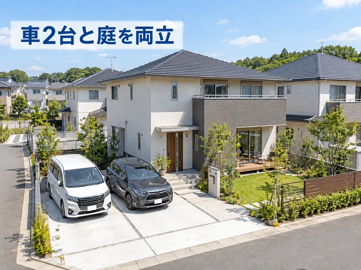 車二台分の駐車場と植栽のある庭を備えた二階建て住宅。「車2台と庭を両立」のコピー。